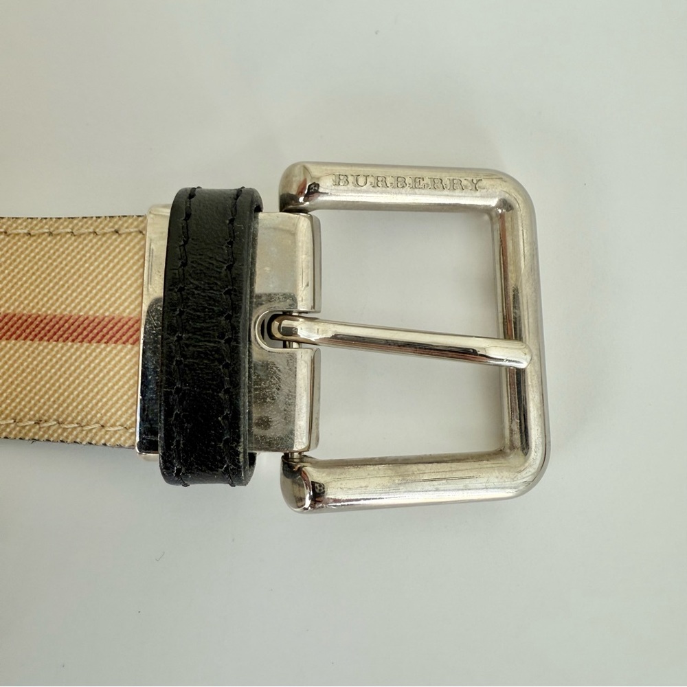 Burberry Check Buckle Belt 30” Archive Beige & Black Leather Classic - Picture 2 of 10